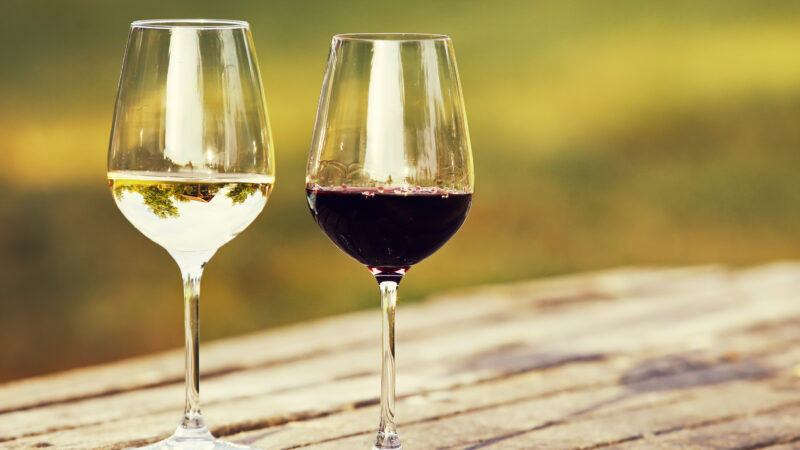 Two glasses of wine, red wine and white wine outdoor